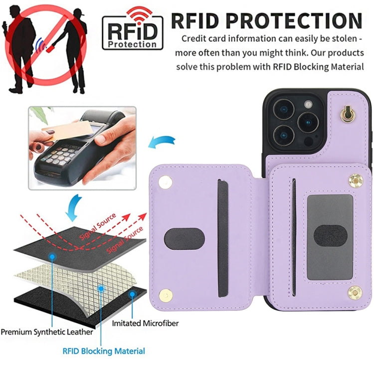 For iPhone 16 Pro YM006 Skin Feel Zipper Card Bag Phone Case with Dual Lanyard(Light Purple)