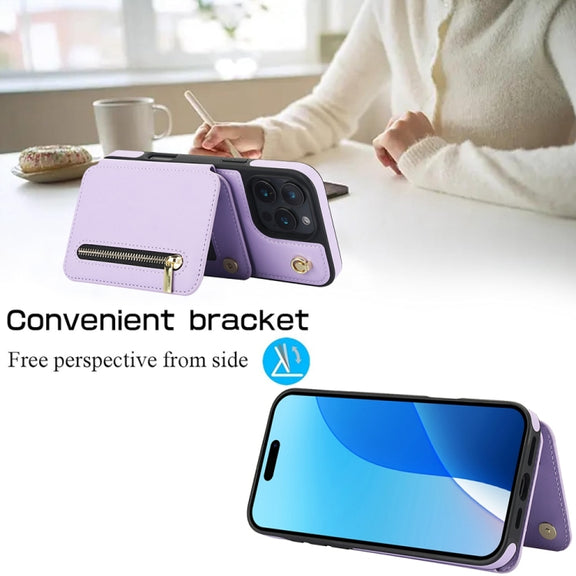 For iPhone 16 Pro YM006 Skin Feel Zipper Card Bag Phone Case with Dual Lanyard(Light Purple)