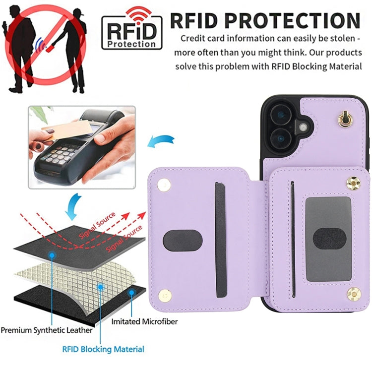 For iPhone 16 YM006 Skin Feel Zipper Card Bag Phone Case with Dual Lanyard(Light Purple)