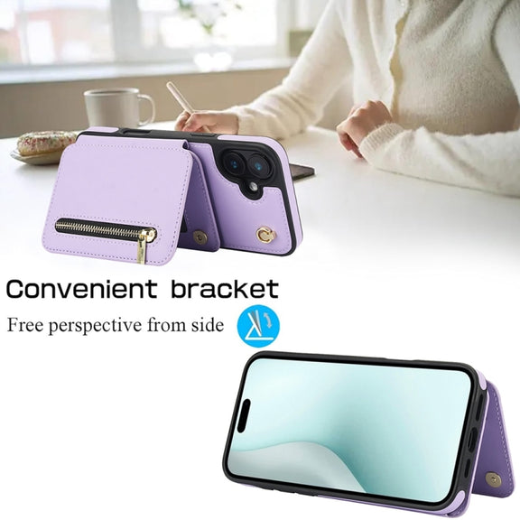 For iPhone 16 YM006 Skin Feel Zipper Card Bag Phone Case with Dual Lanyard(Light Purple)