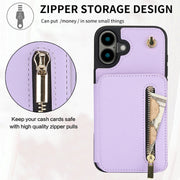 For iPhone 16 YM006 Skin Feel Zipper Card Bag Phone Case with Dual Lanyard(Light Purple)