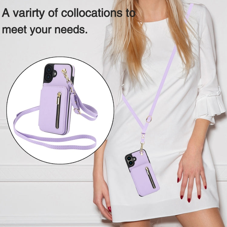 For iPhone 16 YM006 Skin Feel Zipper Card Bag Phone Case with Dual Lanyard(Light Purple)