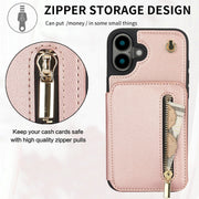 For iPhone 16 YM006 Skin Feel Zipper Card Bag Phone Case with Dual Lanyard(Rose Gold)