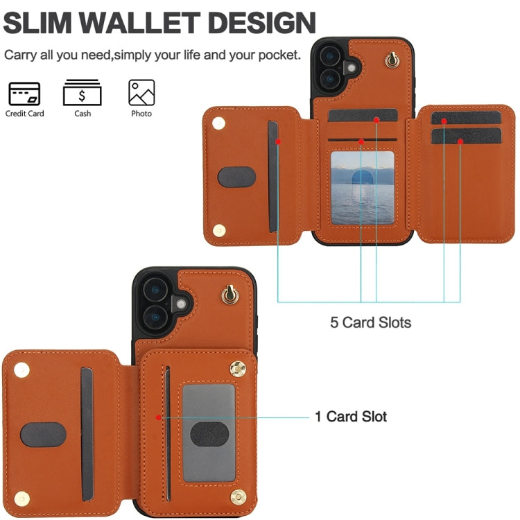 For iPhone 16 YM006 Skin Feel Zipper Card Bag Phone Case with Dual Lanyard(Brown)