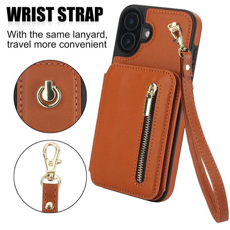 For iPhone 16 YM006 Skin Feel Zipper Card Bag Phone Case with Dual Lanyard(Brown)