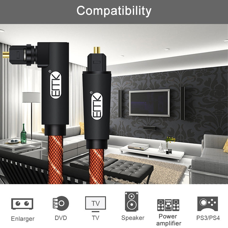 EMK 90 Degree Swivel Adjustable Right Angled 360 Degrees Rotatable Plug Nylon Woven Mesh Optical Audio Cable, Cable Length:2m(Orange)