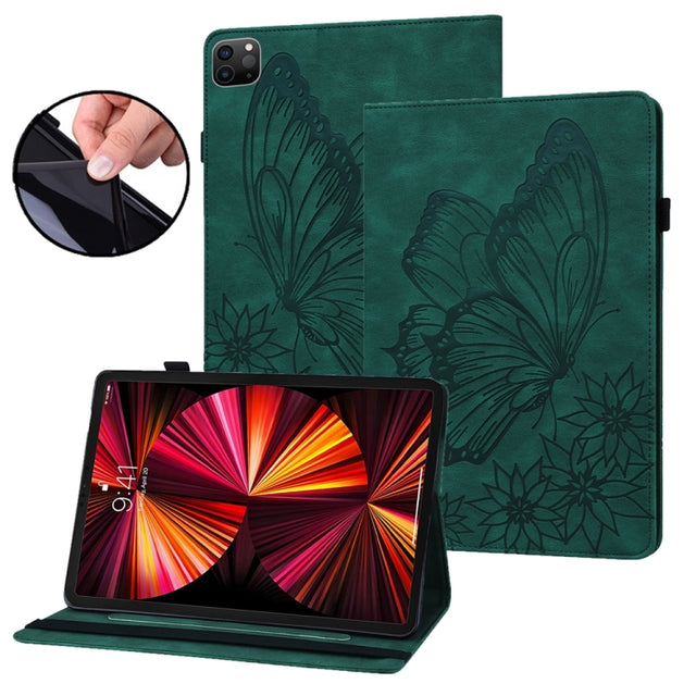 For iPad Pro 12.9 2022 / Air 13 2024 Big Butterfly Embossed Leather Tablet Case(Green)
