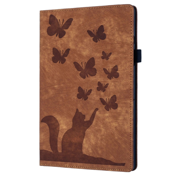 For iPad Pro 11 2024 Butterfly Cat Embossing Leather Tablet Case(Brown)