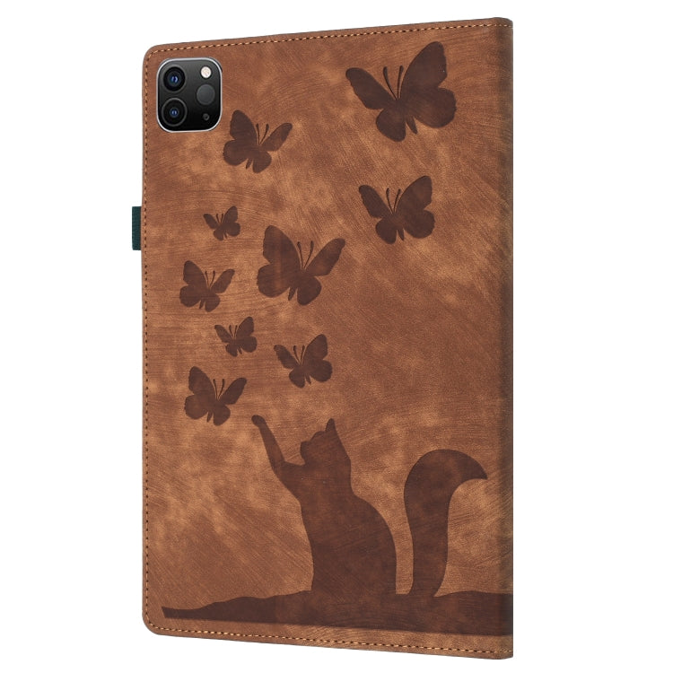 For iPad Pro 11 2024 Butterfly Cat Embossing Leather Tablet Case(Brown)