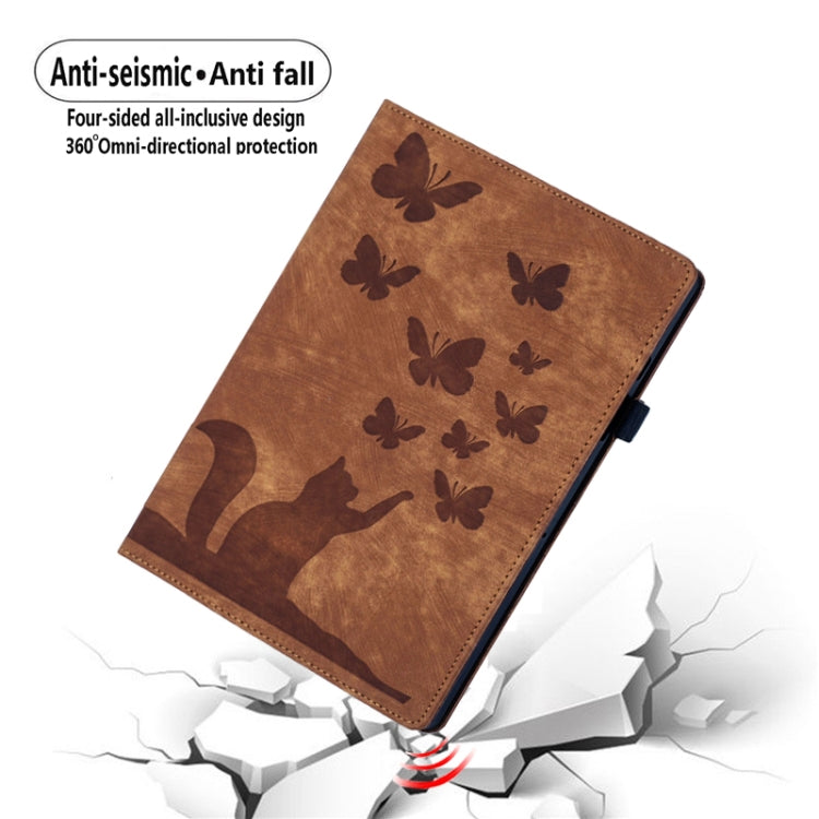 For iPad Pro 11 2024 Butterfly Cat Embossing Leather Tablet Case(Brown)