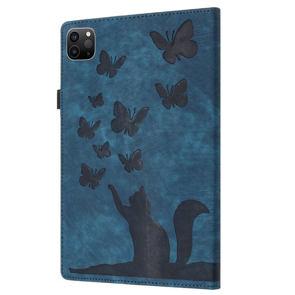 For iPad Pro 13 2024 Butterfly Cat Embossing Leather Tablet Case(Dark Blue)