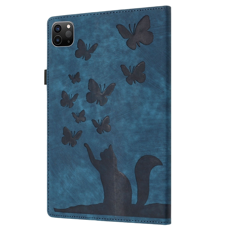 For iPad Pro 13 2024 Butterfly Cat Embossing Leather Tablet Case(Dark Blue)