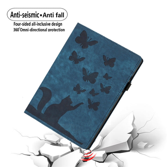 For iPad Pro 13 2024 Butterfly Cat Embossing Leather Tablet Case(Dark Blue)