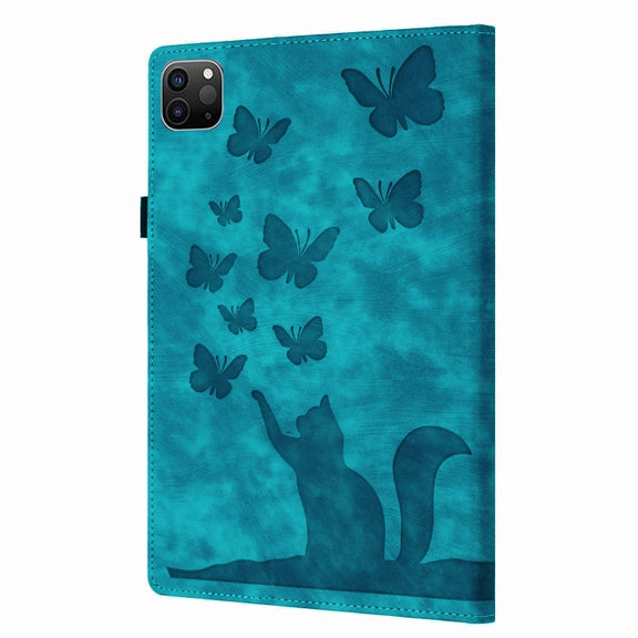 For iPad Pro 13 2024 Butterfly Cat Embossing Leather Tablet Case(Sky Blue)