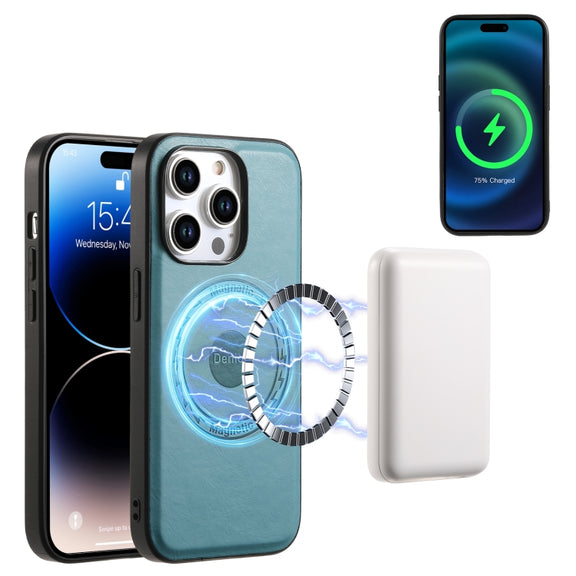 For iPhone 15 Denior Cowhide Texture Leather MagSafe Phone Case(Blue)