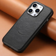 For iPhone 15 Denior Cowhide Texture Leather MagSafe Phone Case(Black)
