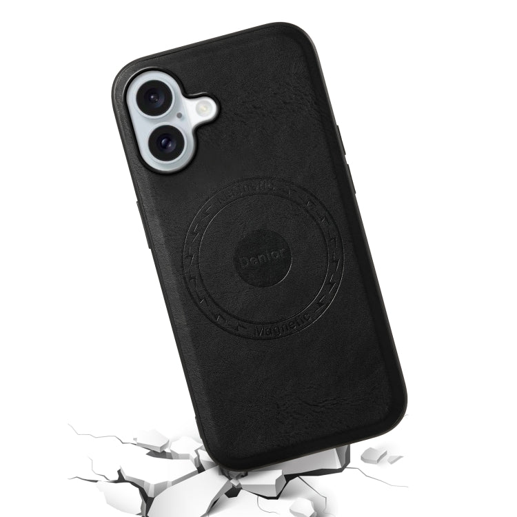For iPhone 16 Denior Cowhide Texture Leather MagSafe Phone Case(Black)