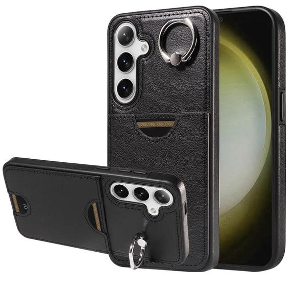 For Samsung Galaxy S24+ 5G Calf Texture Card Slot Ring Holder Phone Case(Black)