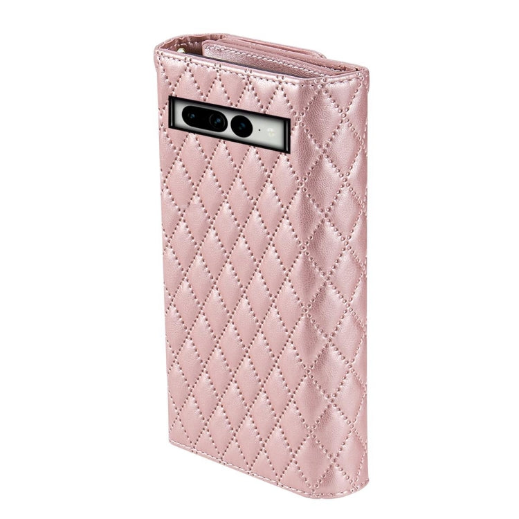 For Google Pixel 8 Pro Zipper Multi-Card Wallet Rhombic Leather Phone Case(Rose Gold)