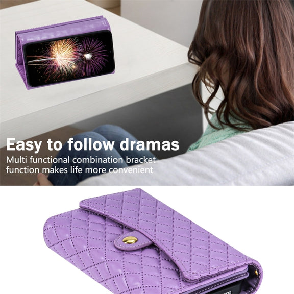 For Google Pixel 8 Zipper Multi-Card Wallet Rhombic Leather Phone Case(Purple)