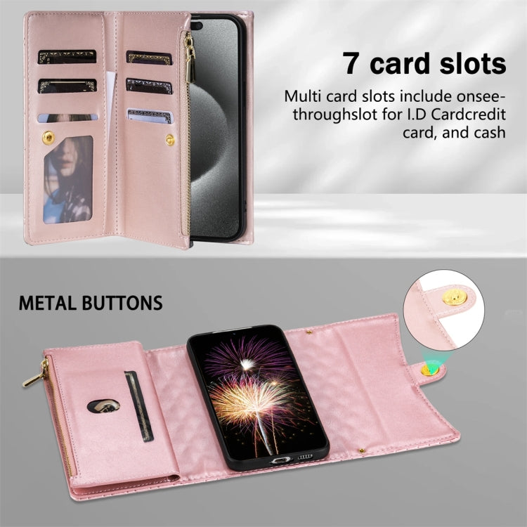 For Google Pixel 8 Zipper Multi-Card Wallet Rhombic Leather Phone Case(Rose Gold)
