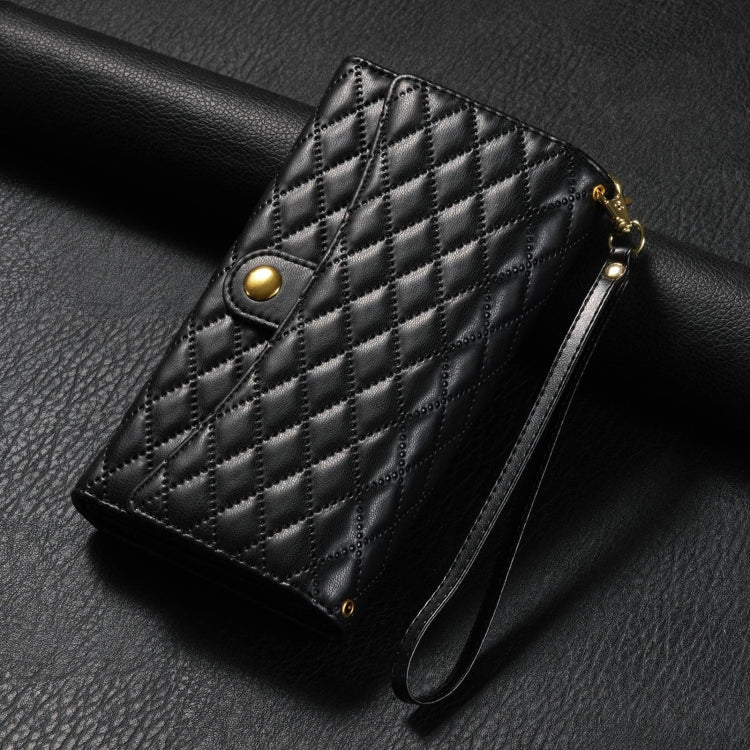 For Google Pixel 7 Zipper Multi-Card Wallet Rhombic Leather Phone Case(Black)