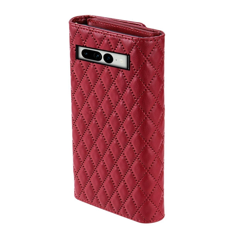 For Google Pixel 7 Zipper Multi-Card Wallet Rhombic Leather Phone Case(Red)