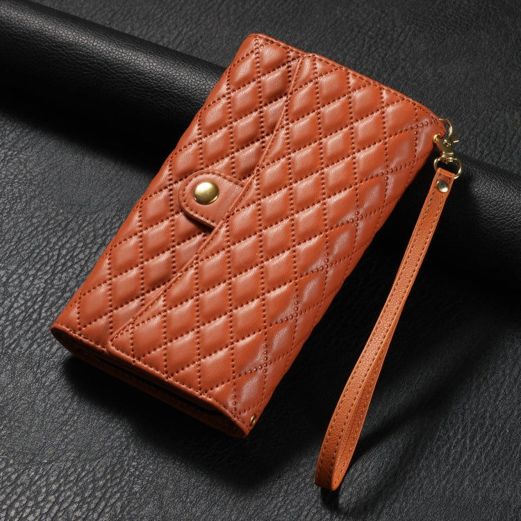 For Google Pixel 7 Zipper Multi-Card Wallet Rhombic Leather Phone Case(Brown)