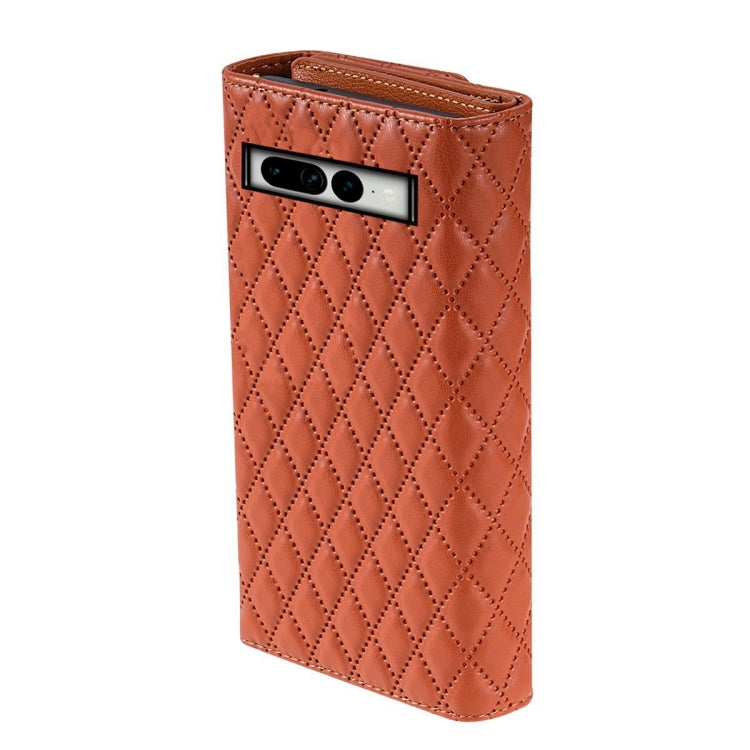 For Google Pixel 7 Zipper Multi-Card Wallet Rhombic Leather Phone Case(Brown)