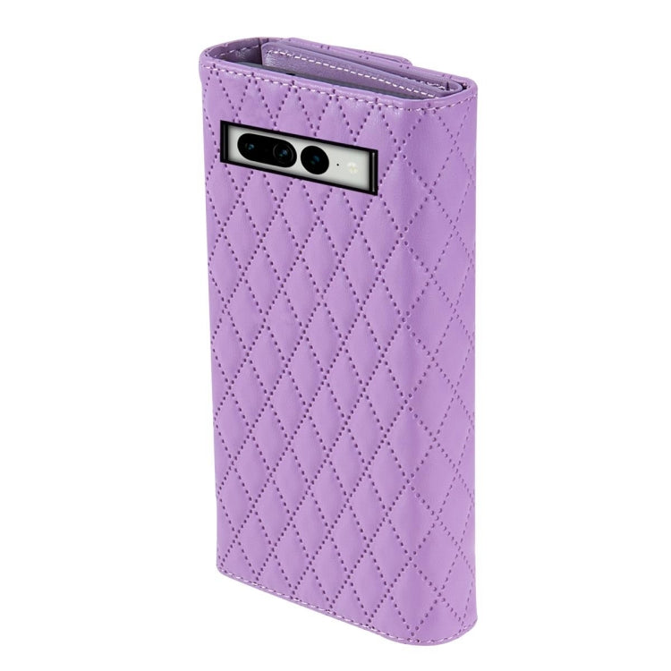 For Google Pixel 7 Pro Zipper Multi-Card Wallet Rhombic Leather Phone Case(Purple)