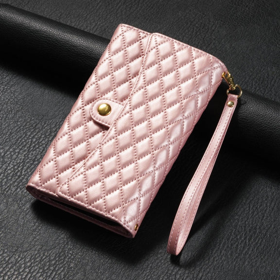 For Google Pixel 7 Pro Zipper Multi-Card Wallet Rhombic Leather Phone Case(Rose Gold)