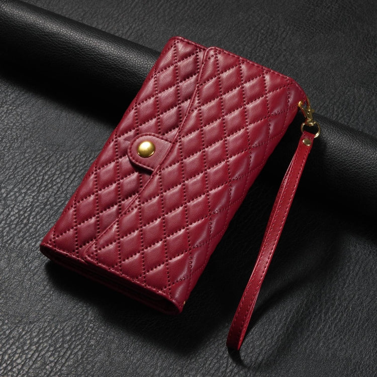 For Google Pixel 7a Zipper Multi-Card Wallet Rhombic Leather Phone Case(Red)