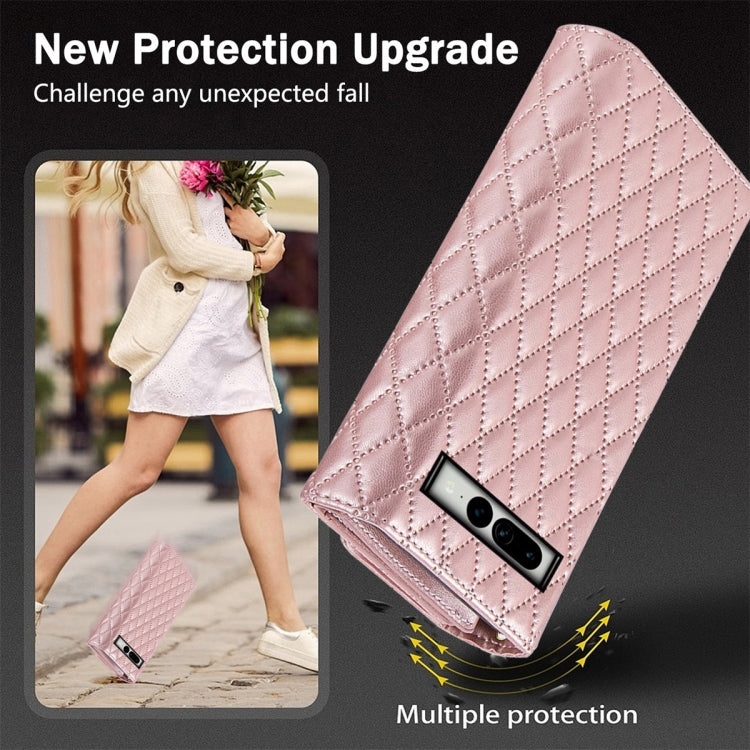 For Google Pixel 7a Zipper Multi-Card Wallet Rhombic Leather Phone Case(Rose Gold)