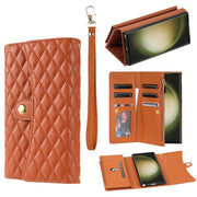 For Samsung Galaxy S24 Ultra 5G Zipper Multi-Card Wallet Rhombic Leather Phone Case(Brown)