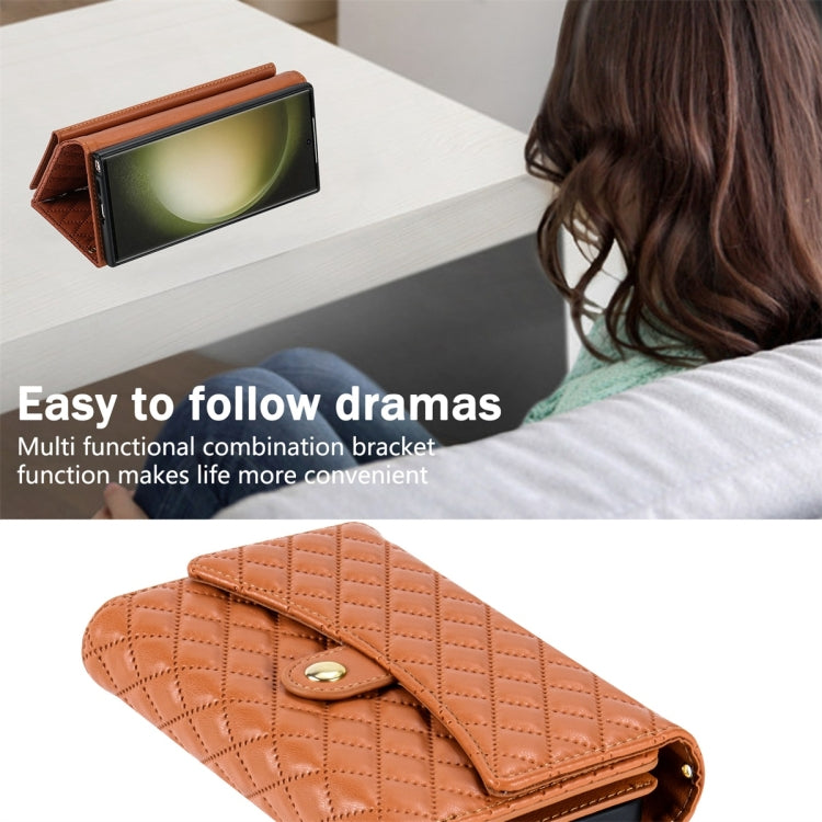 For Samsung Galaxy S23 Ultra 5G Zipper Multi-Card Wallet Rhombic Leather Phone Case(Brown)