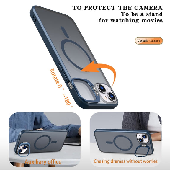 For iPhone 13 Metal Invisible Camera Holder MagSafe Magnetic Phone Case(Blue)