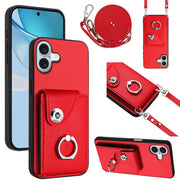 For iPhone 16 Plus Organ Card Bag Ring Holder Phone Case with Long Lanyard(Red)
