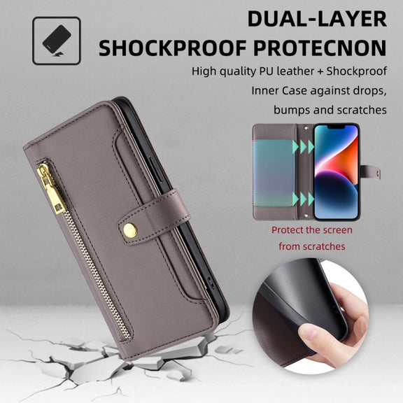 For Tecno Pop 4 Sheep Texture Cross-body Zipper Wallet Leather Phone Case(Grey)