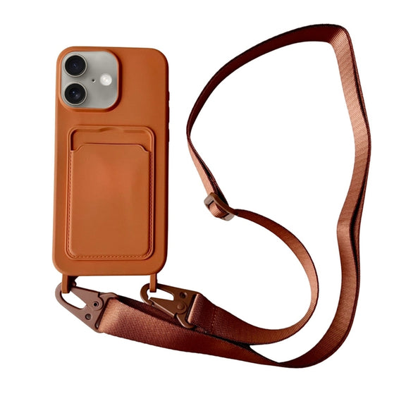 For iPhone 16 Plus Card Slot Liquid Silicone Phone Case with Lanyard(Brown)