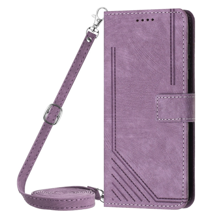For Motorola Edge 2024 Skin Feel Stripe Pattern Leather Phone Case with Long Lanyard(Purple)