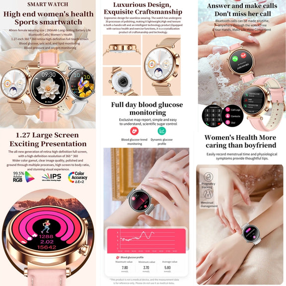 T86 Woman Health 1.27 inch Smart Watch, BT Call / Physiological Cycle / Heart Rate / Blood Pressure / Blood Glucose / SOS(Rose Gold Steel Band)