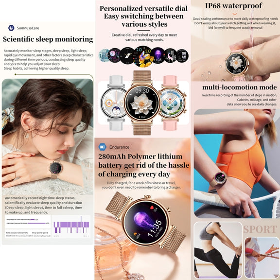 T86 Woman Health 1.27 inch Smart Watch, BT Call / Physiological Cycle / Heart Rate / Blood Pressure / Blood Glucose / SOS(Rose Gold Steel Band)
