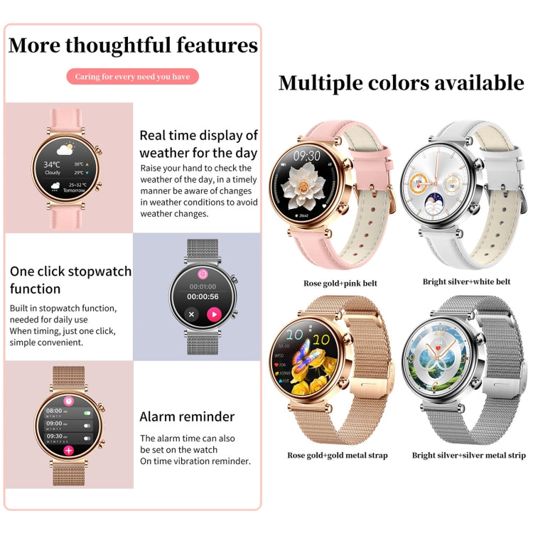 T86 Woman Health 1.27 inch Smart Watch, BT Call / Physiological Cycle / Heart Rate / Blood Pressure / Blood Glucose / SOS(Rose Gold Steel Band)