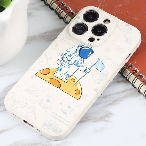 For iPhone 16 Pro Astronaut Pattern Silicone Straight Edge Phone Case(Planet Landing-White)