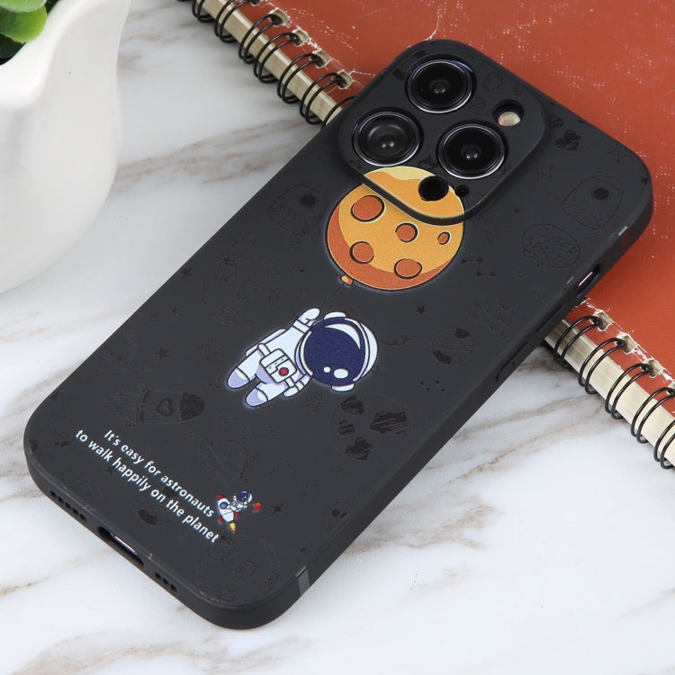 For iPhone 16 Astronaut Pattern Silicone Straight Edge Phone Case(Planet Landing-Black)