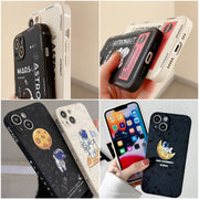 For iPhone 16 Plus Astronaut Pattern Silicone Straight Edge Phone Case(Planet Landing-Black)