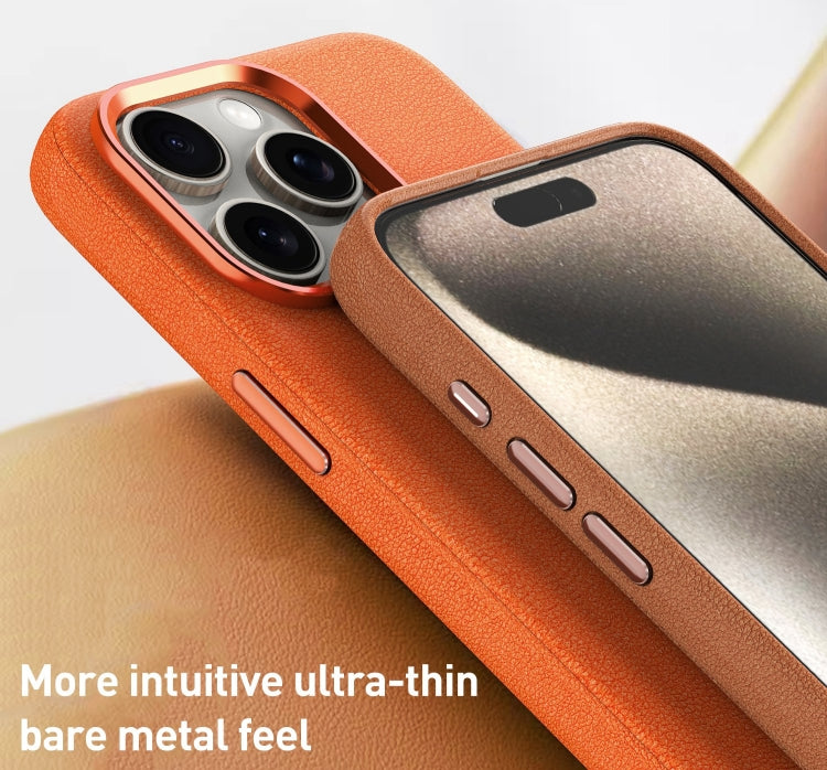 For iPhone 15 Pro Max Metal Lens Frame Leather Full Coverage Shockproof Phone Case(Blue)