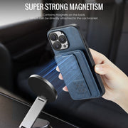 For iPhone 16 Pro Fierre Shann Oil Wax Cow Leather Card Holder Back Phone Case(Blue)