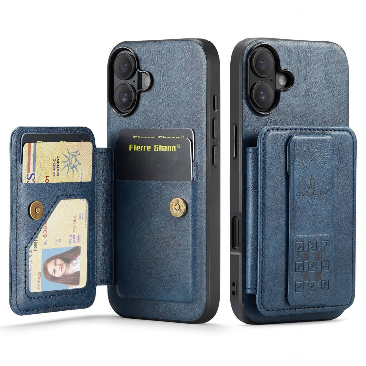 For iPhone 16 Plus Fierre Shann Oil Wax Cow Leather Card Holder Back Phone Case(Blue)