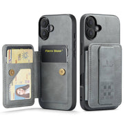 For iPhone 16 Fierre Shann Oil Wax Cow Leather Card Holder Back Phone Case(Grey)